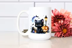 Watercolor Baby Black Cat Halloween Clipart Product Image 2