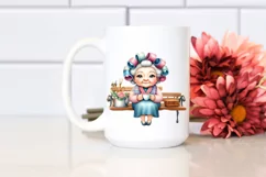 Old Lady Watercolor Character on Bench with Hair Curlers | Product Image 2