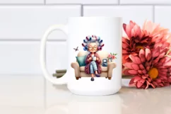 Old Lady Sitting on Sofa with Hair Curlers | Sublimation Product Image 2