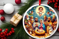 Cartoon Nativity Scene Christmas Round Ornament Product Image 2