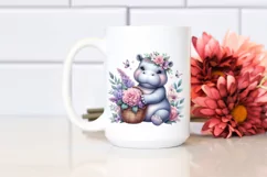 Detailed Watercolor Boho Cute Baby Hippo with Flowers Product Image 2