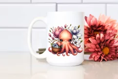 Detailed Whimsical Cute Baby Octopus with Flowers Clipart Product Image 2