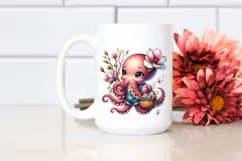 Detailed Whimsical Cute Baby Octopus with Flowers Clipart Product Image 2