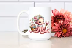 Detailed Whimsical Cute Baby Octopus with Flowers Clipart Product Image 2