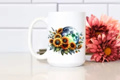 Washed Watercollor Half Moon with Sunflowers PNG Product Image 2
