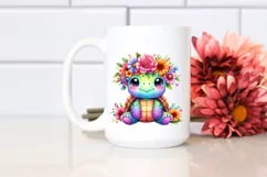 Cartoon Turtle with Flower Crown, Colorful Watercolor PNG Product Image 2