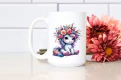 Sitting Unicorn with Floral Wreath, Vibrant Watercolor PNG Product Image 2
