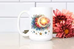 Vibrant Moon with Stars Drawing and Flowers PNG Product Image 2