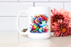 Cartoon Turtle with Flower Crown, Colorful Watercolor PNG Product Image 2