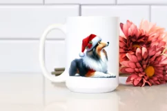 A Cute Watercolor Collie Sitting with Santa Hat, White Product Image 2
