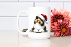 A Cute Watercolor Collie Sitting with Santa Hat, White Product Image 2