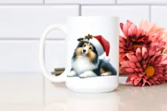 A Cute Watercolor Collie Sitting with Santa Hat, White Product Image 2
