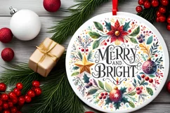 Merry and Bright Christmas Round Ornament Watercolor Product Image 1