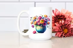 Vibrant Watercolor Vase with Ranunculus | Clipart Product Image 2