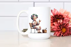 Watercolor Lady Sitting on Bench with Hair Curlers | Clipart Product Image 2
