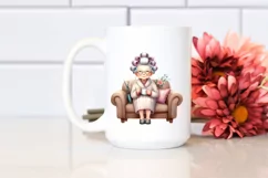 Watercolor Lady Sitting on Sofa with Hair Curlers | Clipart Product Image 2
