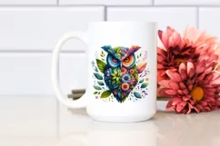 Abstract Vibrant Owl with Plant Leaves PNG Product Image 2