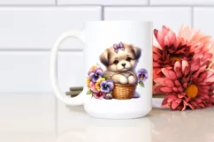 Cute Whimsical Puppy Basket Flowers Clipart Product Image 2