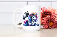 Colorful Baby Unicorn with Checkered Flag PNG Product Image 2