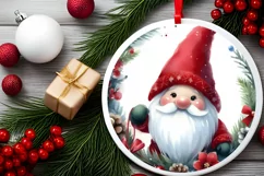 Watercolor Christmas Gnome Round Ornament Sublimation PNG Product Image 2