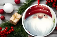 Watercolor Christmas Gnome Round Ornament Sublimation PNG Product Image 2