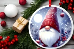 Watercolor Christmas Gnome Round Ornament Sublimation PNG Product Image 2