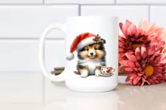 cute Watercolor Shetland Sheepdog with Santa Hat Tea Time Product Image 2