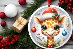 Christmas Giraffe Round Ornament Sublimation PNG Product Image 2