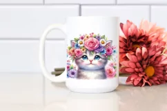 Cartoon Kitten with Flower Crown, Colorful Watercolor PNG Product Image 2