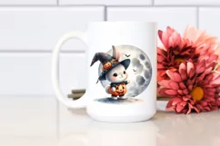 Washed Watercolor Bunny on Halloween Moon PNG Product Image 2