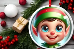 Christmas Elf Round Ornament Sublimation PNG Product Image 2