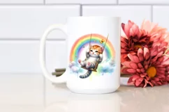 Colorful Watercolor Baby Cat Swinging from Rainbow Clipart Product Image 2