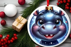 Shiny Christmas Hippo Round Ornament Sublimation PNG Product Image 2
