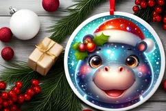 Shiny Christmas Hippo Round Ornament Sublimation PNG Product Image 2