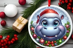 Shiny Christmas Hippo Round Ornament Sublimation PNG Product Image 2