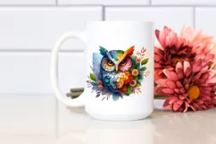 Abstract Vibrant Owl with 3D Looking Flowers PNG Product Image 2