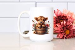 Cute Baby Highland Cow Coming out from a Wood Bucket PNG Product Image 2