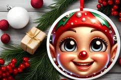 Shiny Christmas Elf Round Ornament Sublimation PNG Product Image 2