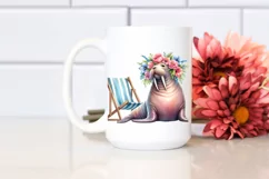 Young Walrus with Flower Wreath on Beach Chair | Clipart Product Image 2