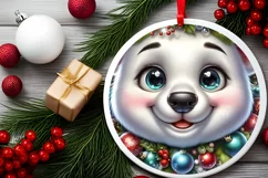 Shiny Christmas Polar Bear Round Ornament Sublimation PNG Product Image 2