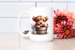 Cute Baby Highland Cow Coming out from a Wood Bucket PNG Product Image 2