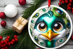 Shiny Christmas Peacock Round Ornament Sublimation PNG Product Image 2