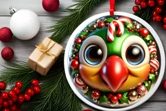 Shiny Christmas Parrot Round Ornament Sublimation PNG Product Image 2