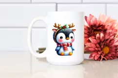 cute Watercolor Penguin with Reindeer Horns Product Image 2
