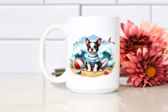Cute Boston Terrier Sitting in Sand with Surf and Ball | Product Image 2