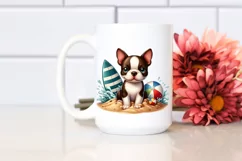 Cute Boston Terrier Sitting in Sand with Surf and Ball | Product Image 2