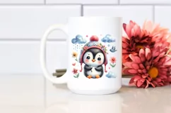 Cute Baby Penguin Whimsical Cloud Flowers Clipart Product Image 2