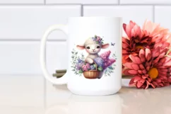 Watercolor Whimsical Cute Baby Lamb Basket Lilac Bouquet Product Image 2