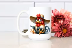 Funny Rooster with Sun Hat Watercolor Clipart Product Image 2