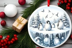 Winter Scene Penguin Round Ornament Sublimation PNG Product Image 2